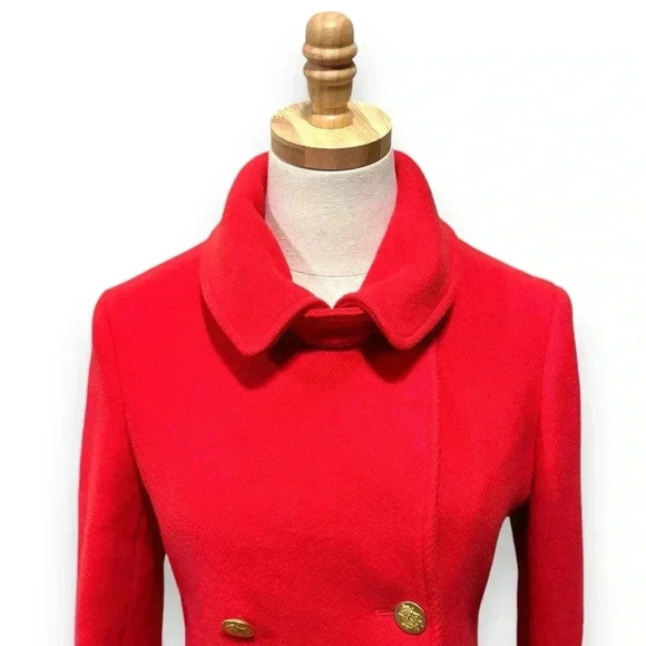 J. Crew Cherry Red Double Breasted Wool Majesty Gold Button Winter Pea Coat 6 - Picture 4 of 11